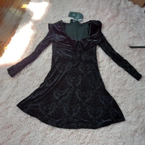 SOLD! Killstar velvet soft Lydia Deets inspired dress w/Victorian skull design - Picture 9 of 13